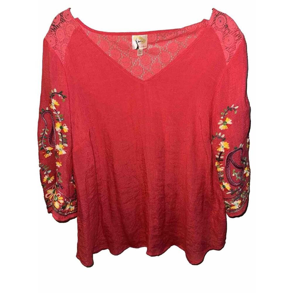 Fig and Flower Top Orange 2X Floral Lacy Embroidered Blouse Boho Tunic Peasant